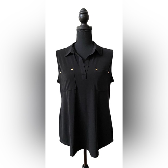 Jones New York: Black Sleeveless Polo Collar Button Down Blouse - Picture 1 of 17